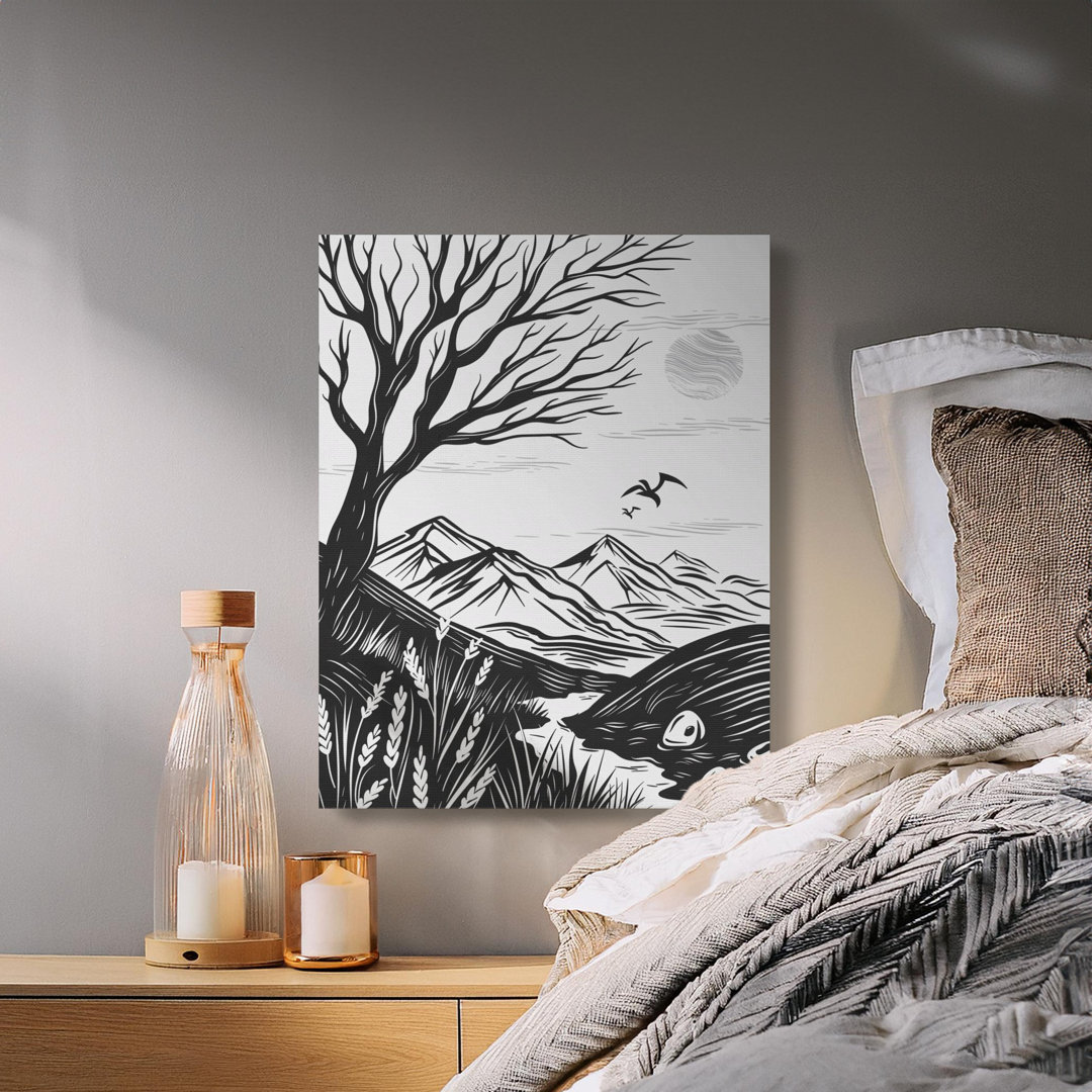 Black and White Landscape Canvas, Mountain Scenery Wall Art, Nature Print, Woodcut Style, Minimalist Canvas, Rustic Home Decor, Archival