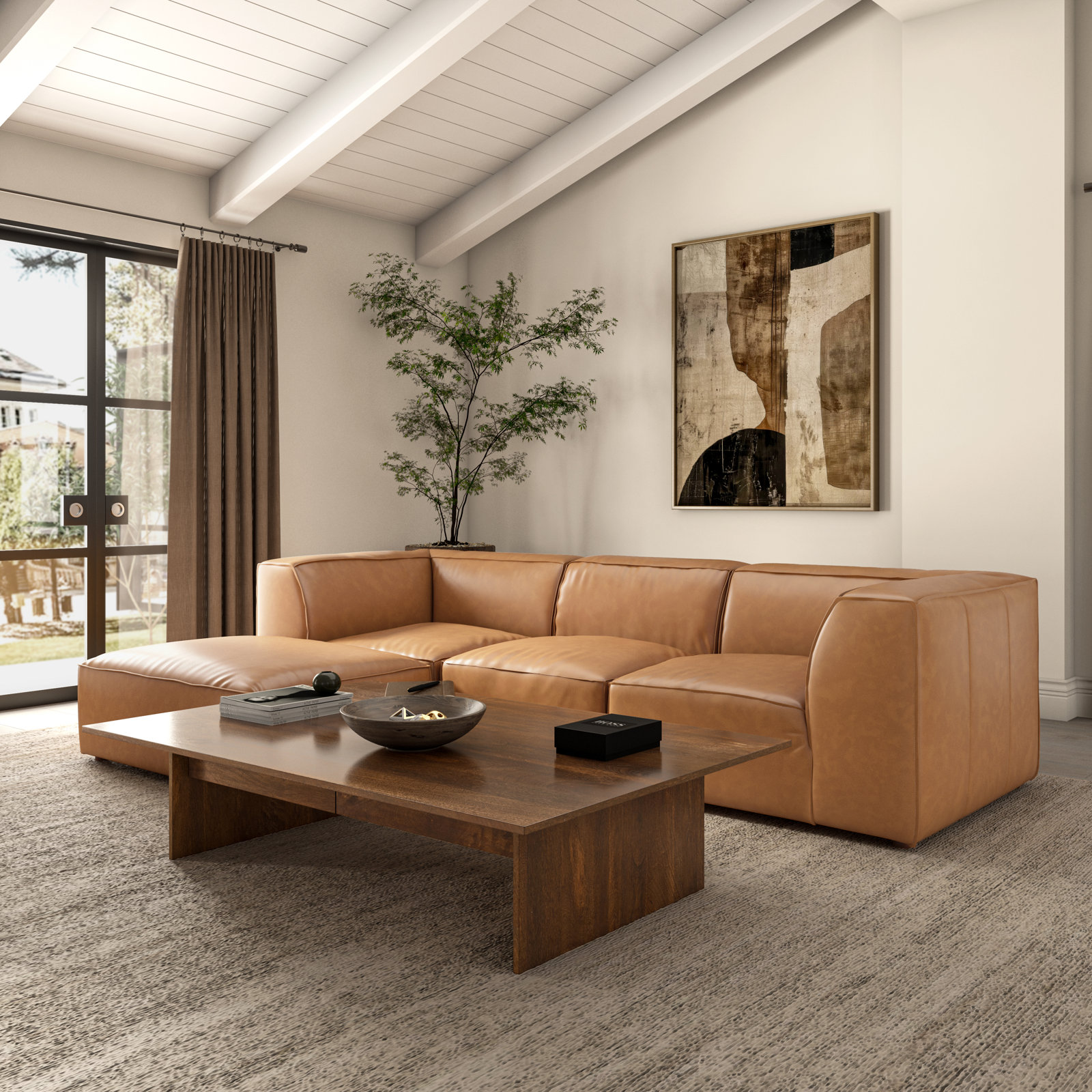 Foley 31" Genuine Leather Ottoman, Tan