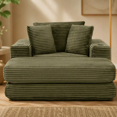 Chaise longue insonorisée de 133 cm (52,4 po) pour l'intérieur - Canapé-lit modulable 3 en 1 surdimensionné, confortable et moelleux comme un nuage, idéal pour la lecture, le salon et la chambre - Canapé-lit en velours côtelé, vert