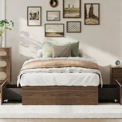 TwinXL Wood Platform Bed Frame with 2 Storage Drawers, Wooden Bed Frame Without Headboard, Wood Slat Support, No Box Spring Needed, Easy Assembly-Walnut