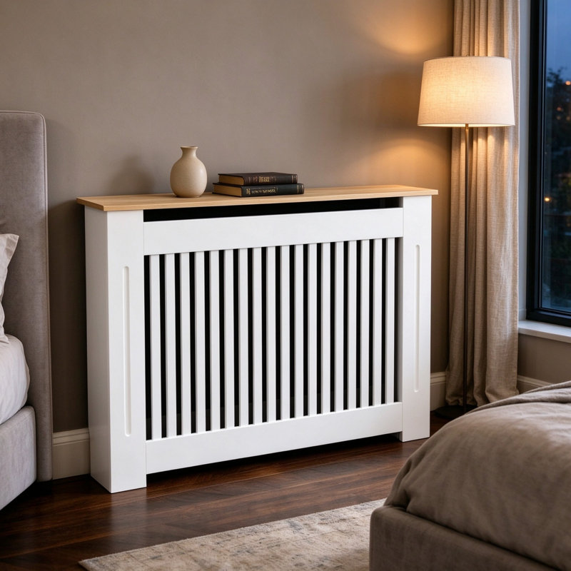 Extra Tall Vertical Slat MDF Radiator Cover with Wood Grain Top, Anti Tipping Fitting and Ventilated Shelf, 92cm High, Multiple Sizes Available for Bedroom Kitchen Hallway