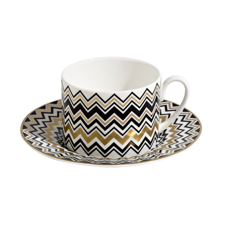 Zig Zag Bone China Teacup, White/Gold/Black, Set of 2