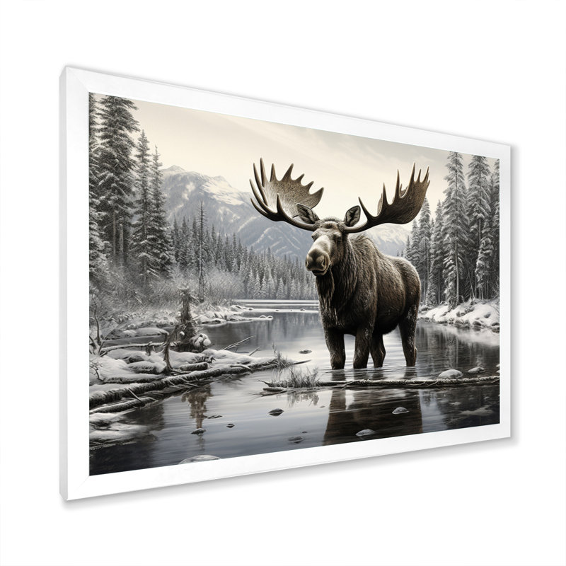 Orignal brun et blanc Winter Majesty - art mural orignal pour le salon, H 30 po x l 40 po, Cadre photo unique, Blanc