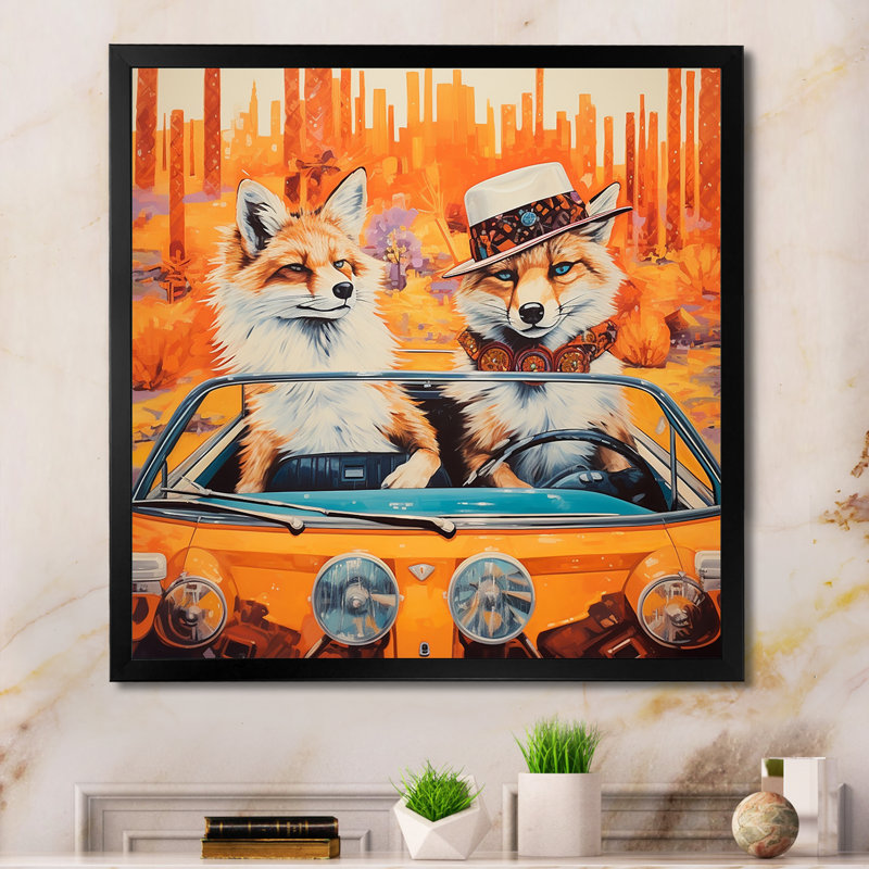 «Foxs aventureux au volant I», art mural animal, Cadre photo noir, H 16 po x l 16 po x P 1 po