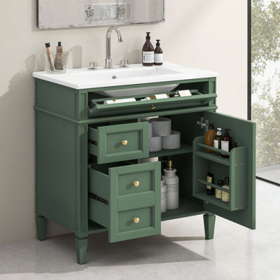 Meuble-lavabo 30 po - 3 tiroirs + plateau coulissant et organisateur de porte, glissières à fermeture en douceur. Base à pieds romains, évier en céramique 6,7 po, plateforme de robinet 4 po