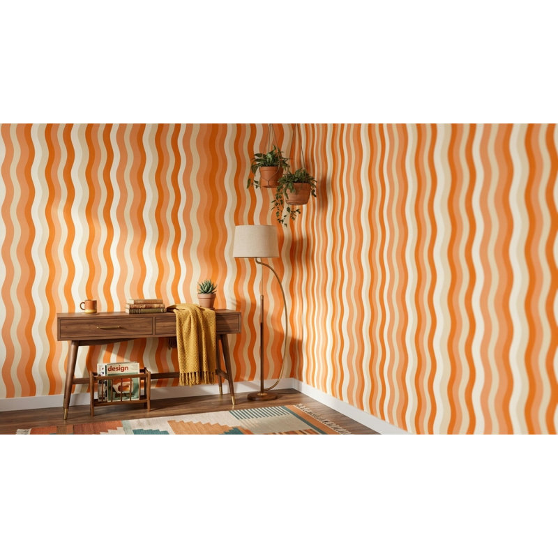 Rouleau de papier peint à rayures ondulées abstrait orange et crème, Peler et coller