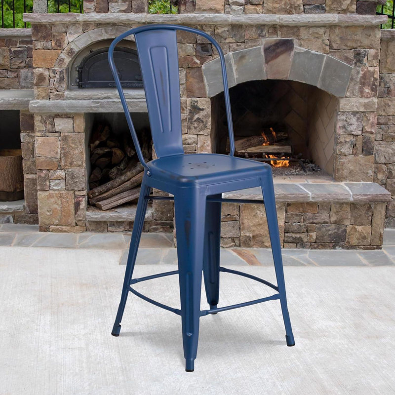 Commercial Grade Distressed Metal Indoor-Outdoor Counter Height Stool with Back, Antique Blue