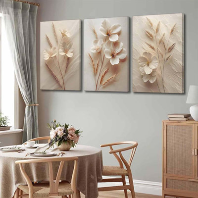 3Pcs Neutral Beige Floral Botanical Canvas Wall Art Modern Simple Texture Flower Plant Painting Picture Wall Decor Vintage Blossom Poster Print Artwork For Living Room Bedroom Bathroom