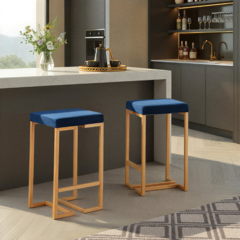 Freea Upholstered Counter Stool with Metal Frame, Royal Blue Velvet