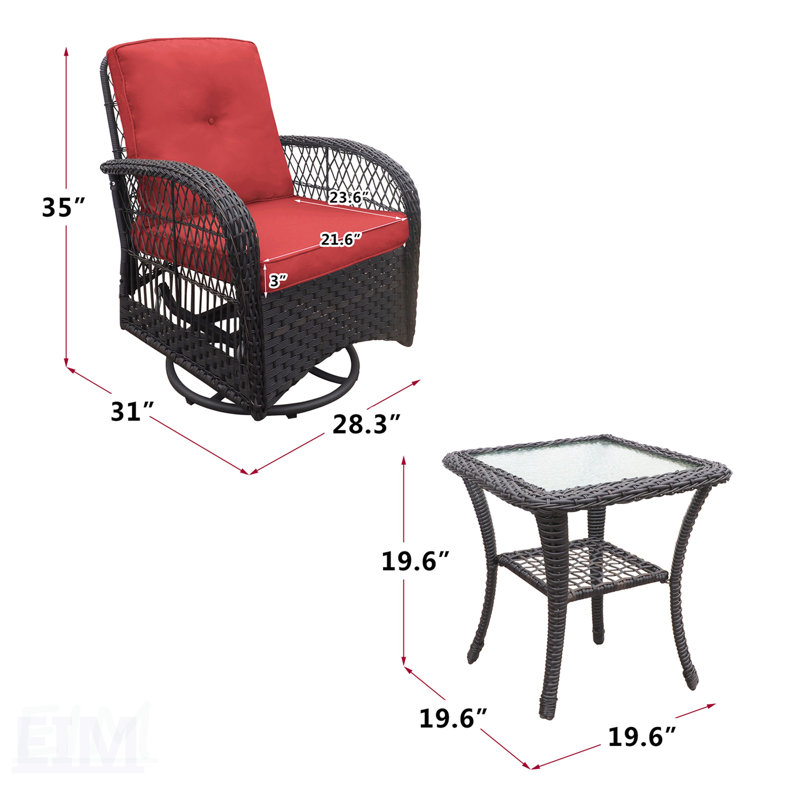 Ensemble de 3 chaises d'extérieur pivotantes à bascule en osier avec plateau en verre, pour la détente sur le patio et le balcon