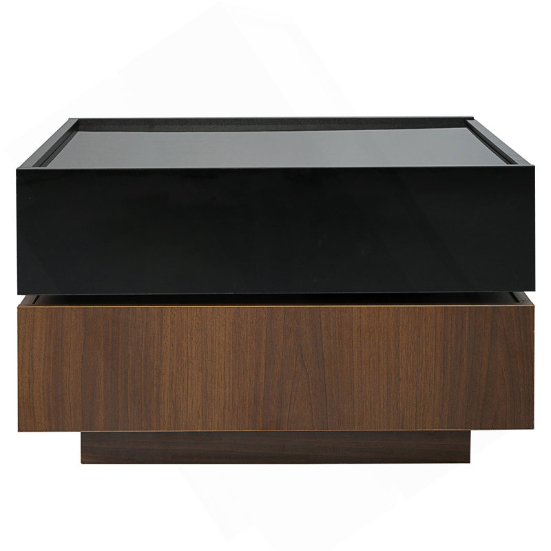 Multi-Functional Square 360°Rotating Coffee Table With 2 Drawers, High Gloss 2-Tier Centre Table With Swivel Tabletop And Storage, Walnut Table Frame Side Table For Living Room