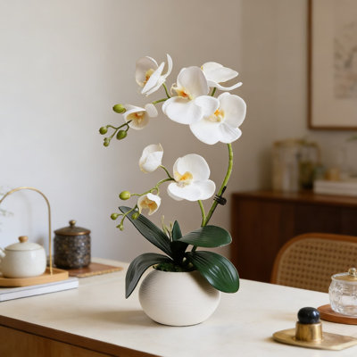Real Touch Artificial Orchid In Ceramic Vase - Lifelike Fake Flower Arrangement For Home Decor And Table Centerpieces