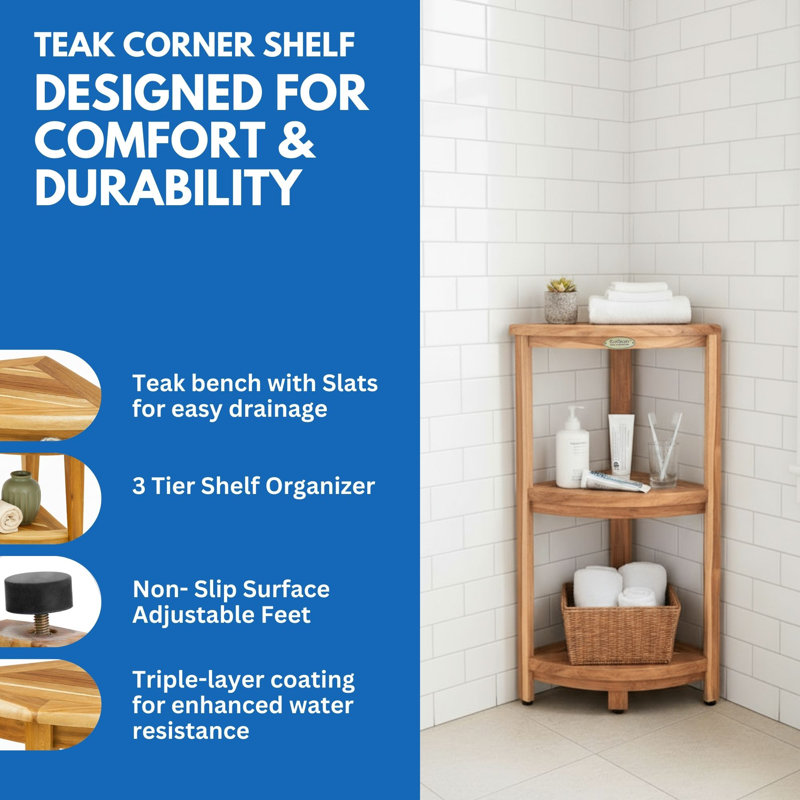 EcoDecors, Snazzy Corner, Teak Corner Shower Shelf, Shower Stand Corner, in EarthyTeak™