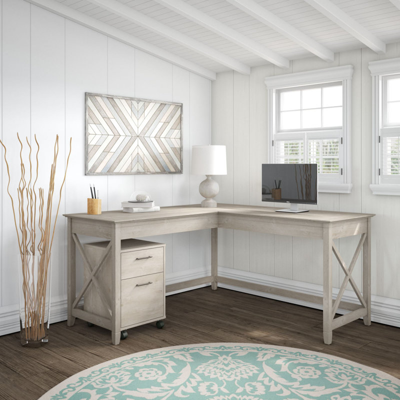 Kaionna L-Shaped Credenza Desk, Washed Gray