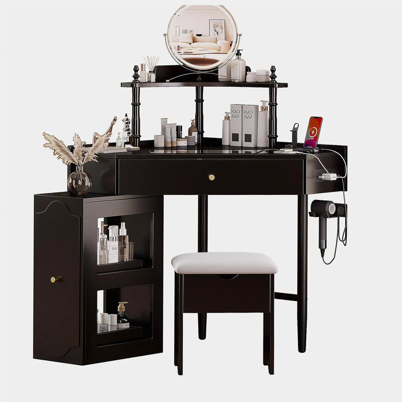 Ensemble de meuble-lavabo de coin avec tabouret de rangement rembourré et station de charge, bureau de maquillage triangulaire avec armoire latérale amovible, bureau de coiffeuse en verre avec tiroir et tablette, noir