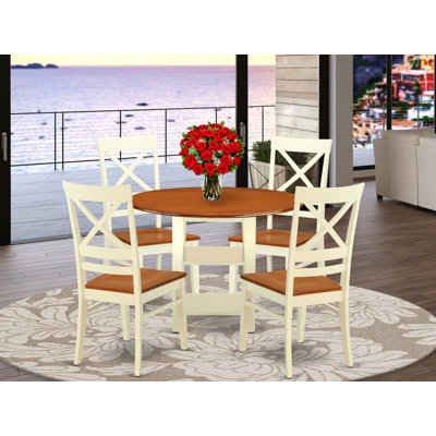 5 Piece Dining Room Table Set Includes a Round Kitchen Table with Dropleaf & Shelves and 4 Dining Chairs, Buttermilk & Cherry