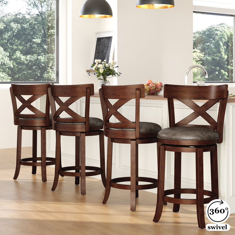 Tabouret de comptoir pivotant rembourré de 66 cm (26 po) avec cadre en bois massif et siège en similicuir pour la cuisine (ensemble de 4)