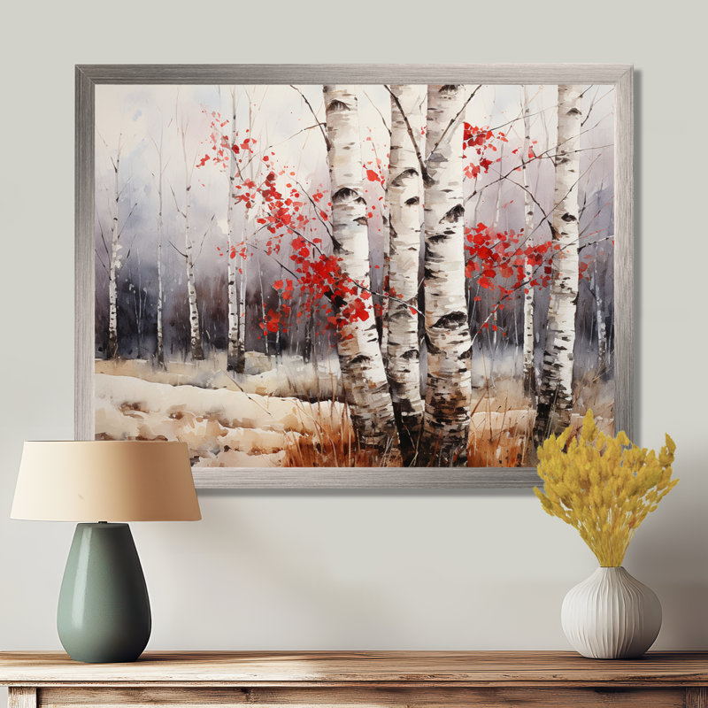 Bois de bouleau blanc et rouge en hiver III - Art mural bouleau, H 30 po x l 40 po x P 1,5 po, Cadre simple argenté