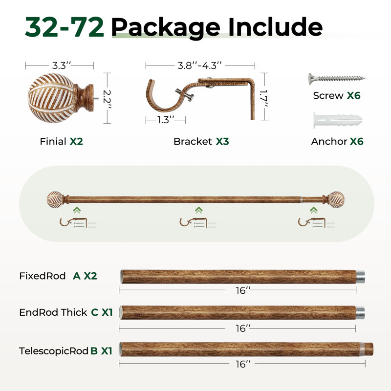 Tringle à rideaux simple réglable en métal, 32" - 72", Brun café