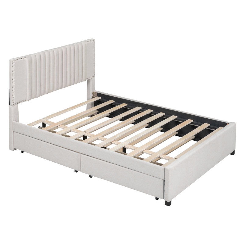Lit plateforme tapissier avec 2 tiroirs et 1 lit gigogne simple Christiano, Beige