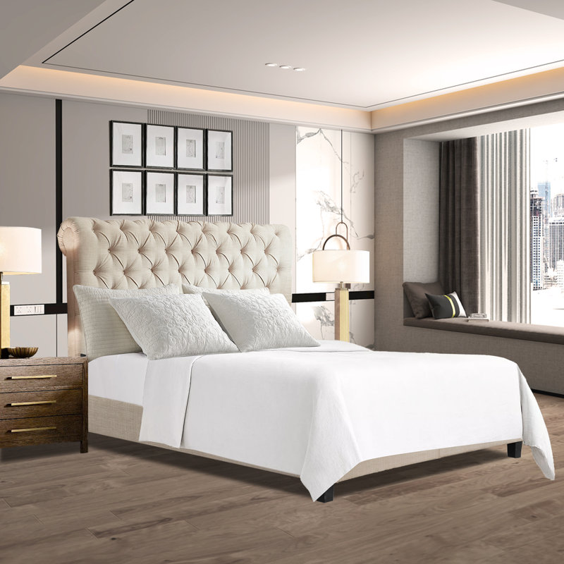 Bradson Fabric Upholstered Bed Frame with Adjustable Headboard/Chesterfield-Styled/Wood Slat Support, Beige, Full