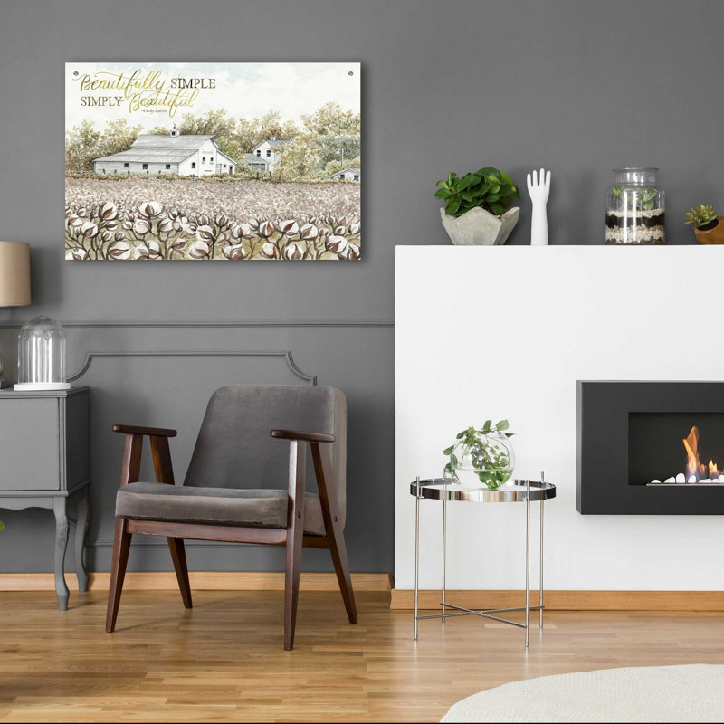 «Beautifully Simple Cotton Farm» par Cindy Jacobs, art mural en verre acrylique, H 24 po x l 36 po x P 0,2 po