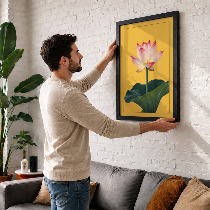 Single Lotus Bloom Botanical - Framed Print, A2 - 59.4 x 42.0 cm, Walnut