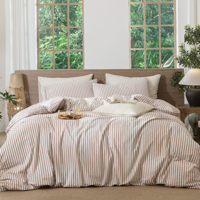 MooMee Striped Duvet Cover Set 100% Washed Cotton Linen Like Textured