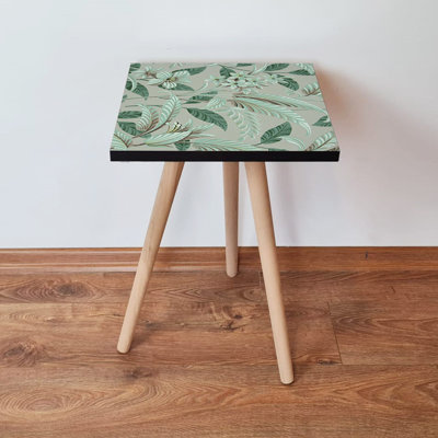 Modern Side Table with Beech Wood Legs, Green & Mink Color, 13.8 x 16.5 x 13.8 inches | 100% MDF, Thickness: 0.7 inches | Perfect for Living Room or Bedroom, Stylish Floral Design, Durable & Functional