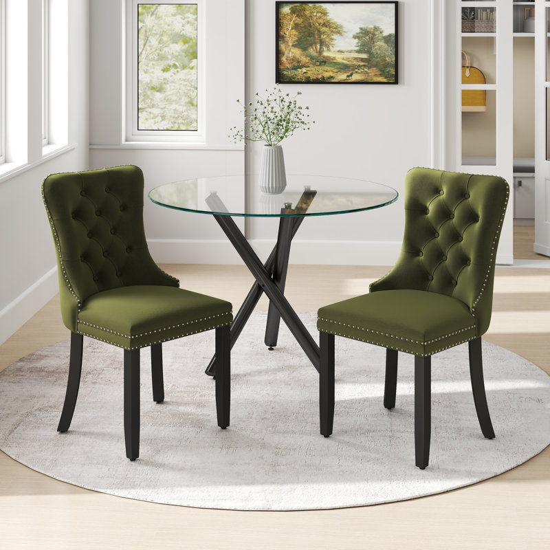 Ensemble de table ronde en verre, 3, Vert olive