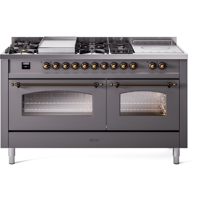 ILVE Nostalgie II 60 Dual Fuel Range, 5 Burners, Griddle, Frenchtop , Liquid Propane, Midnight Blue/Brass