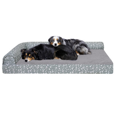 Plush Fur & Almond Print Cooling Gel Top Deluxe L-Chaise Pet Bed