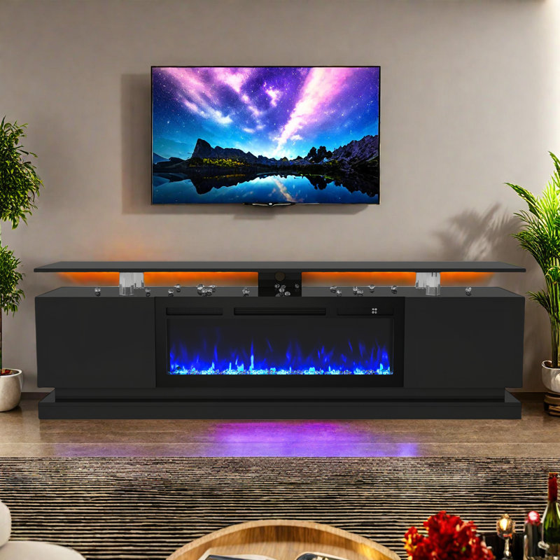 70.8"W TV Stand For Tvs Up To 85" With  Fireplace Included, Black