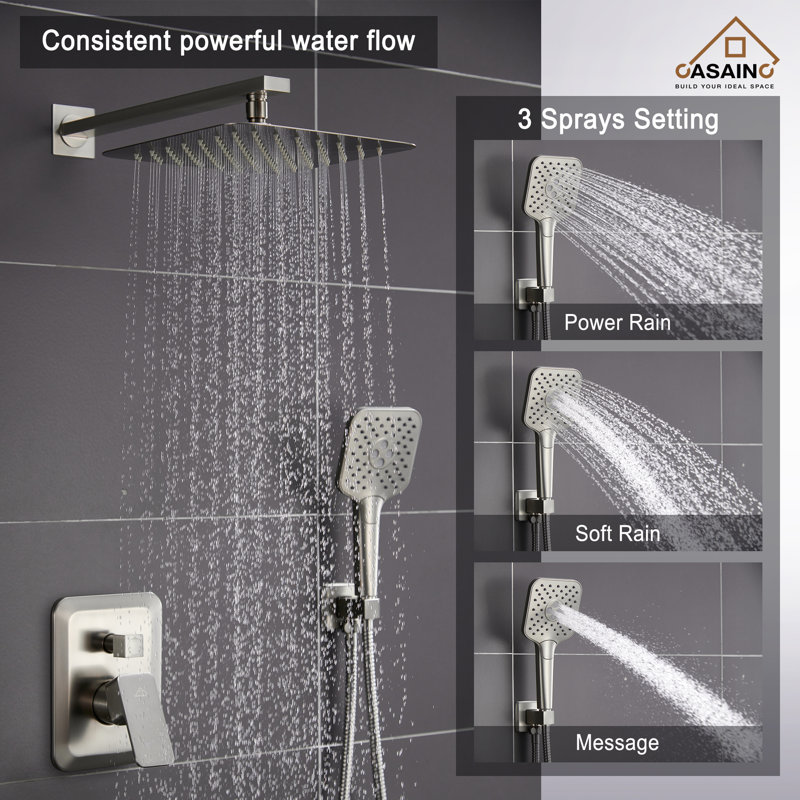 Brushed Nickel Wall Mounted Rain Shower System with Handheld