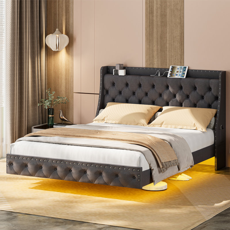 Modern Queen Bed Frame with Headboard, Upholstered Wingback Platform Bed With LED Lights, Charging Port, Fabric Floating Bed With Storage