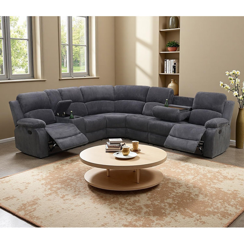 199" Wide Modern And Overstuffed Soft Manual Reclining Sectional With Cupholders And Storage (Set of 3), Black/Gray