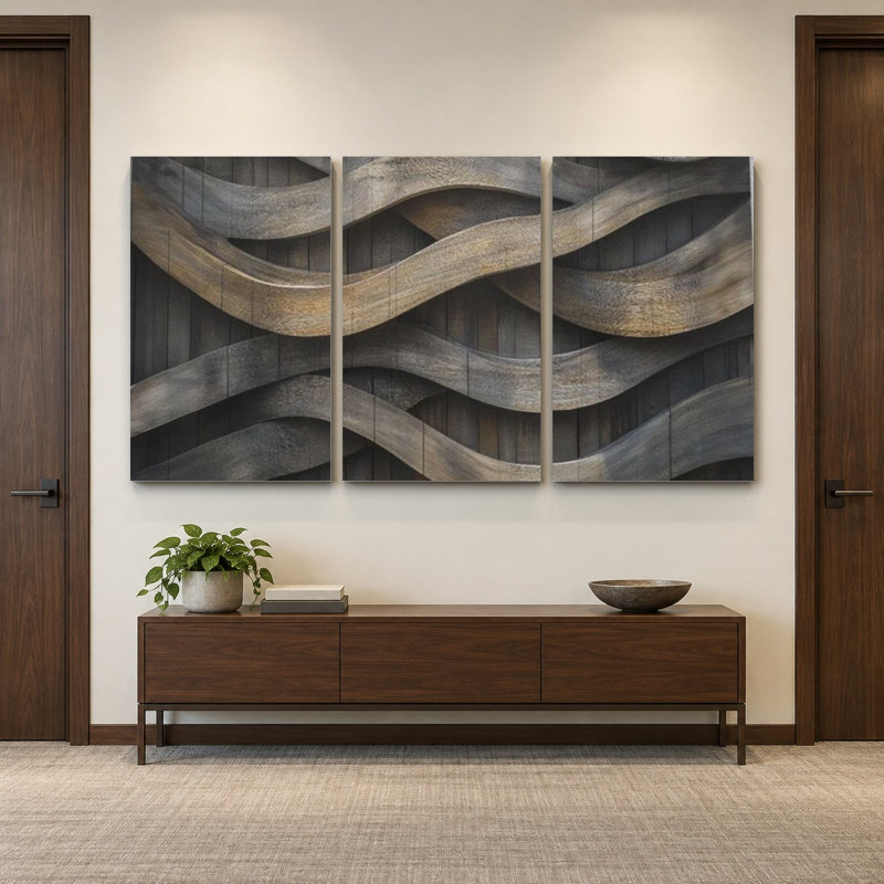 Triptych Canvas Wall Art – Flowing Wood Grain Print, 3-Panel Painting Reproduction, 36" H x 72" W