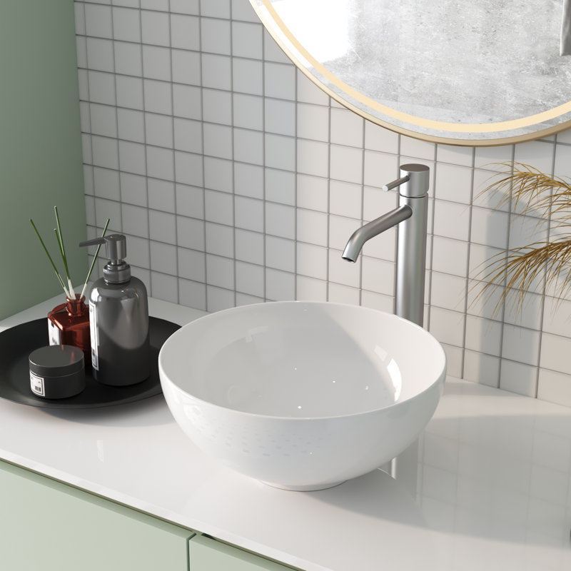 Lavabo de salle de bain vasque circulaire en porcelaine vitreuse 13 po x 13 po DeerValley Symmetry, Blanc
