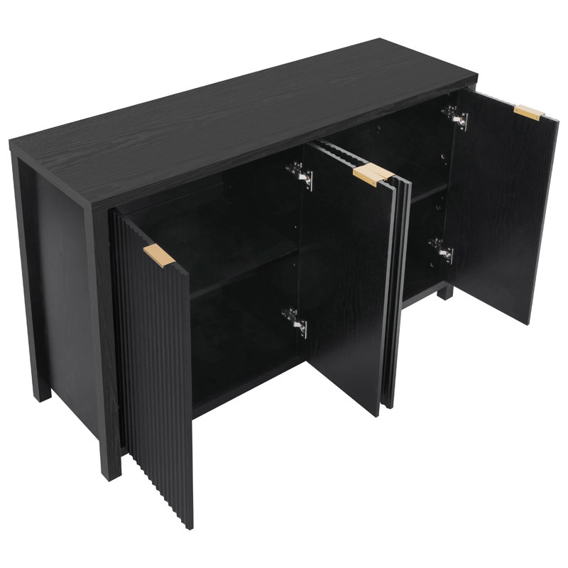 Buffet 55 po cannelé avec rangement, armoire de rangement Farmhouse 4 portes, buffet avec tablettes réglables, Noir