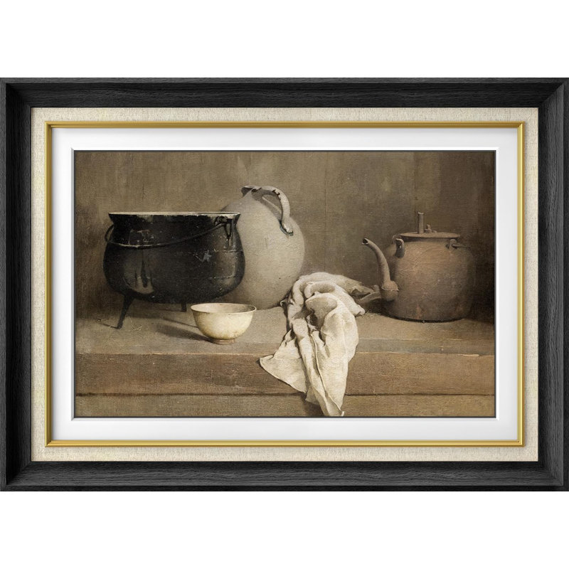 " IDEA4WALL Premium Framed Wall Art Kitchen Teapot, Pan & Bowl Nature Wilderness Illustrations Fine Art Farmhouse/Country Decorative Rustic Vintage Antique Classic For Bedroom "