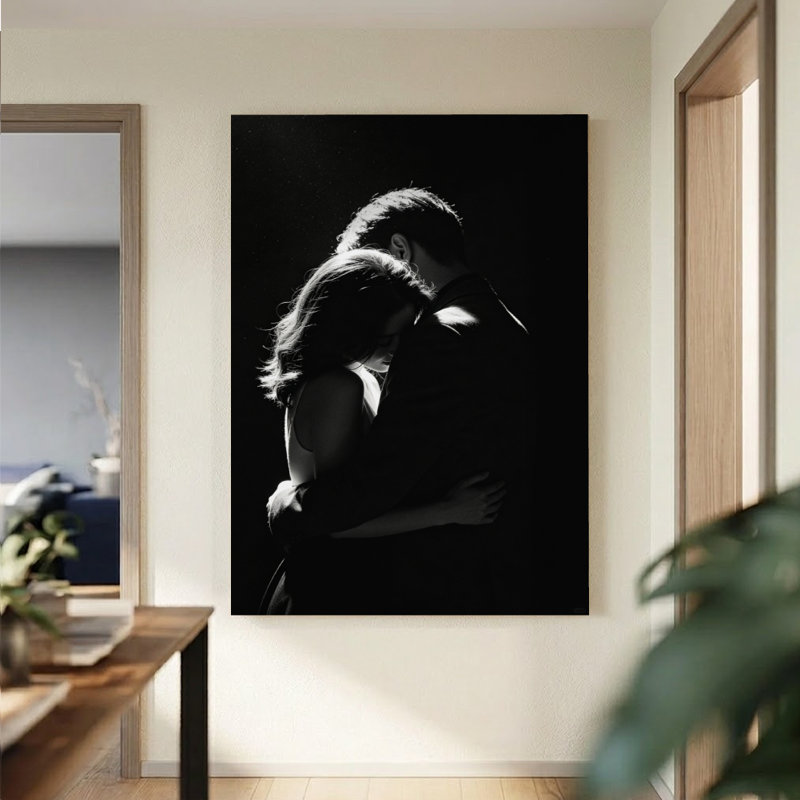 Tableau minimaliste sur toile « Deux silhouettes », impression sur châssis entoilé 61 x 91 cm, couple romantique en noir et blanc, idéal pour la chambre, le salon et l'entrée.