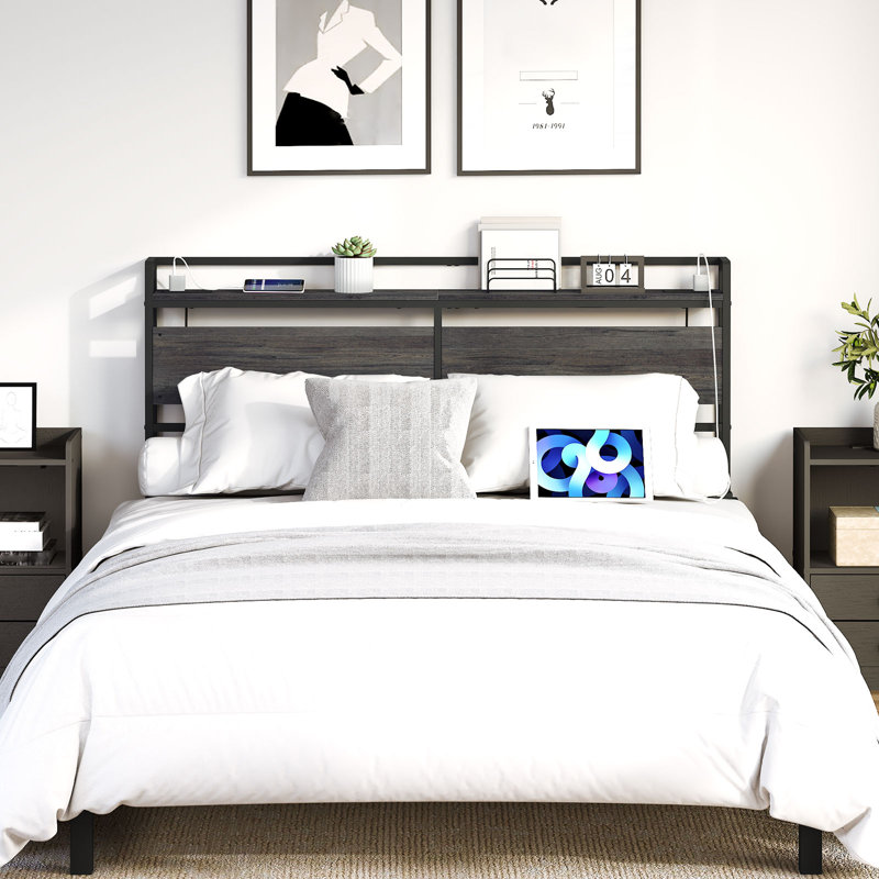 Morano 39.9"H Metal Headboard with Charging Station, Queen, Gray/Black