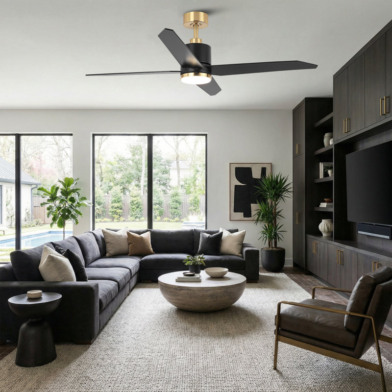 Dricketts 52" 4 - Blade Ceiling Fan with Dimmable 3CCT LED Lights and Remote Control, Brushed Gold with Black Blades