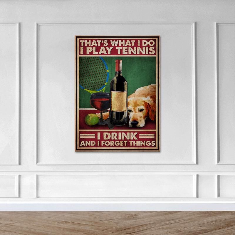 Chien avec tennis et vin, L 24 po x H 36 po x P 1,25 po