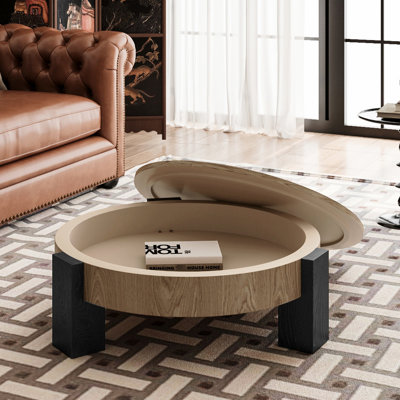 Table basse ronde de 33 pouces avec compartiment caché, placage de parquet de style, 3 pieds solides, parfait pour les salons confortables, agencement de couleurs naturelles et noires, surface de rangement laquée de 33 po,
