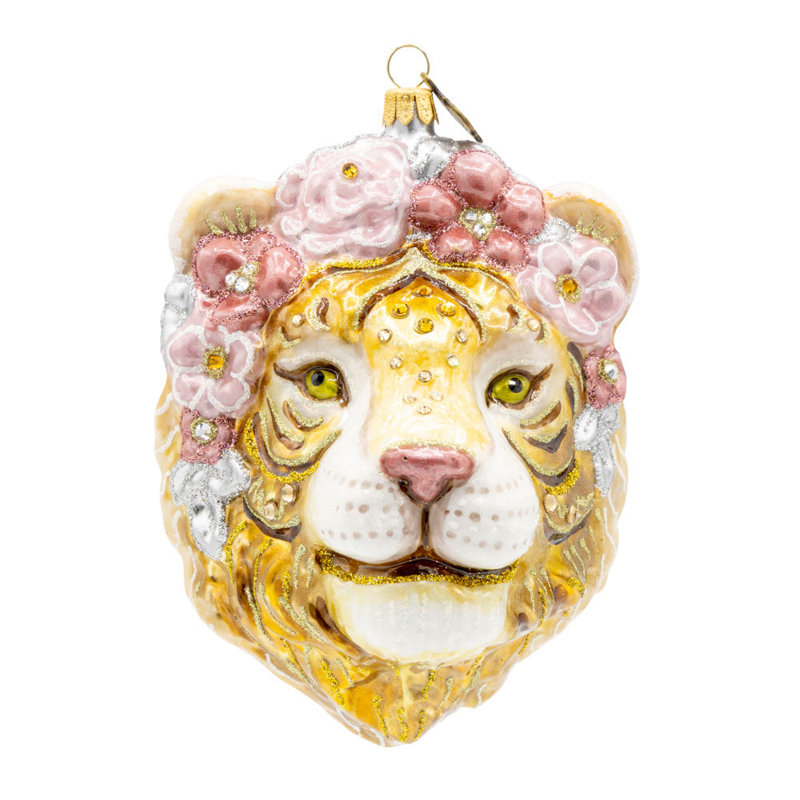Ornement tigre métallique avec couronne de fleurs