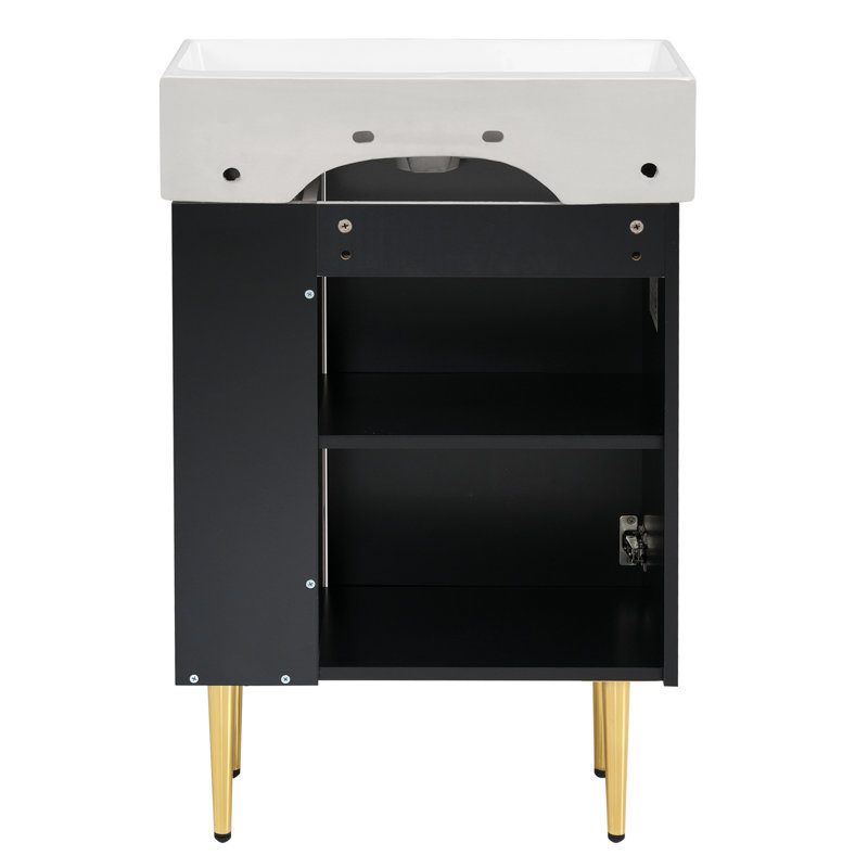 21.6" Black Bathroom Vanity, Combo Cabinet, Bathroom Storage Cabinet, Single Ceramic Sink, Right Side Storage, Black