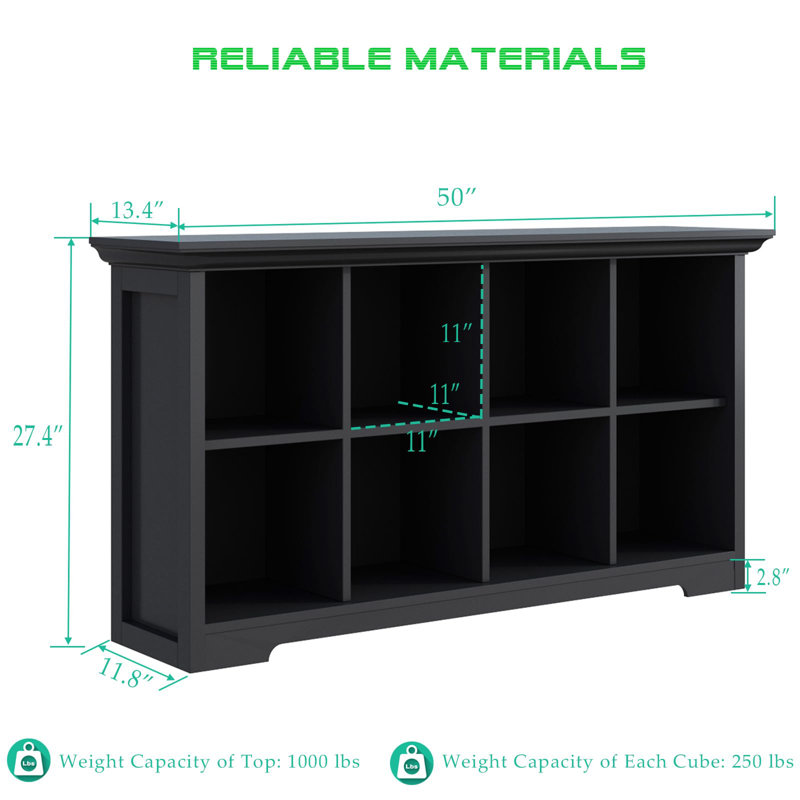 Cube Shelf Bookcase with Base - Wooden 2 Tiers Floor Standing Low Storage Cabinet for Home and Office, Black