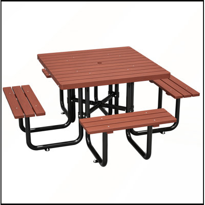 Ensemble de table de pique-nique carrée en bois massif (80,8 po x 80,8 po x 30,3 po) avec bancs intégrés, capacité de charge de 400 kg (882 lb), trou pour parasol.