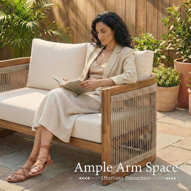 4-Pc Curved Acacia Patio Set with Woven Rope & Water-Resistant Cushions, Beige
